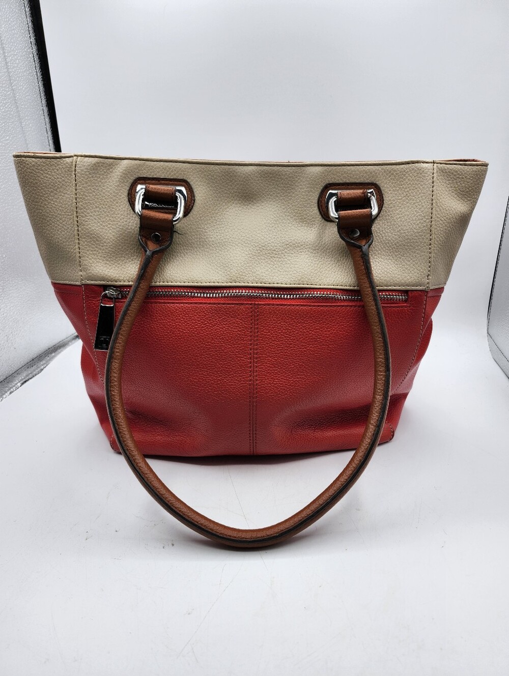 Tignanello Beige and Red Two-Tone Leather Shoulder Bag